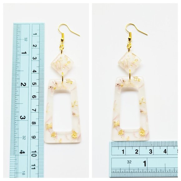 Statment Earrings Gold Pastel Pink Floral Milk Bath Handmade Geometric Dangle - Picture 9 of 11